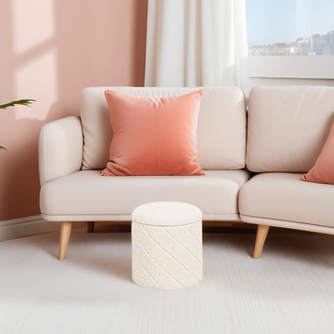B FSOBEIIALEO Ottoman with Stroage, 13" Round Boucle Ottomans, Cream White | Small Ottoman with Removable Tray Lid, Foot Rest Stool, Twisted Design Coffee Table for Dorm Room, Living Room
