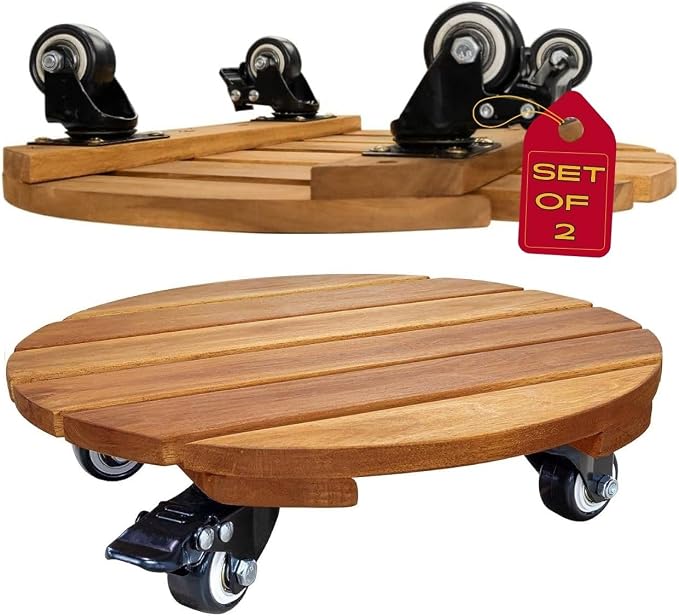 2pack 12inches Wood Plant Caddy with Wheels Heavy Duty, 264 Lbs Capacity, Acacia Hardwood Plant Dolly, Plant Stand with 360° Lockable Wheels for Plant Pots, Heavy Objects Hauling - Natural Wood