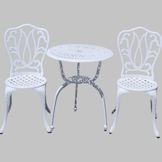 KAILI Patio Bistro Sets 3 Piece cast Aluminum Patio Furniture Outdoor Garden Metal Rust Proof Tables and Chairs White bisrto Set (Big Tulip-White)