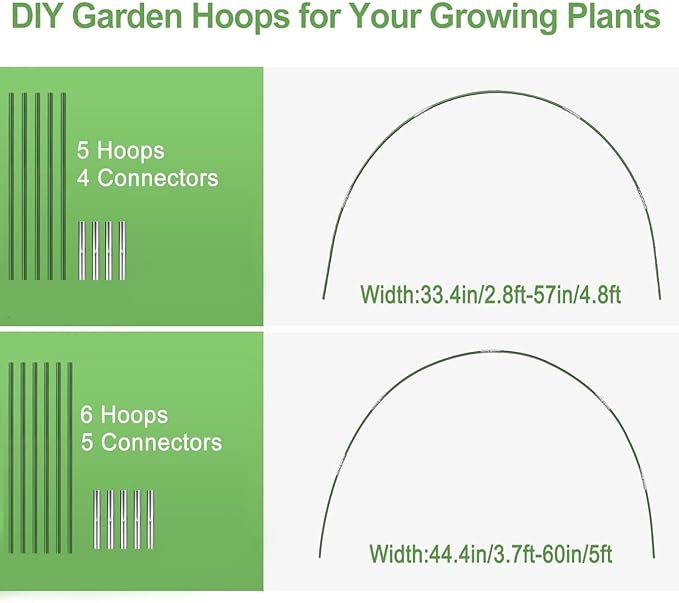 Garden Hoops for Raised Beds, 50pcs 7ft Grow Tunnel Greenhouse Support Hoops Rust-Free Frame for Garden Netting Row Cover Fabric, 10 Set DIY Fiberglass for 3 & 4 Ft Wide, 30pcs Clips