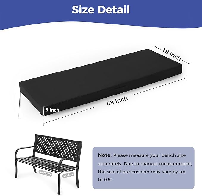 IPYNBAP Outdoor Bench Cushions for Outdoor Furniture, 48x18x3 Inch, Waterproof Bench Pillow, Fade Resistant Long Bench Seat Pads for Garden, Indoor, Porch Swing, Black