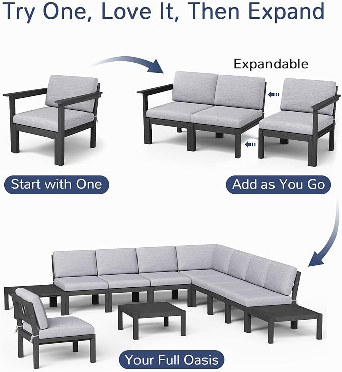 Stoog Modular 2-Seater Outdoor Loveseat, Convertible Sofa with Removable Arm – Waterproof HIPS Frame & Olefin Cushions for Patio, Poolside, Backyard, Black