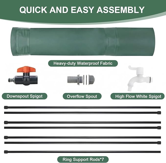 100 Gallon Collapsible Rain Barrel, Foldable Water Storage Tank, Support Rods, Drain Valve & Faucet, Portable Rainwater Collection System for Garden Irrigation and Outdoor Use