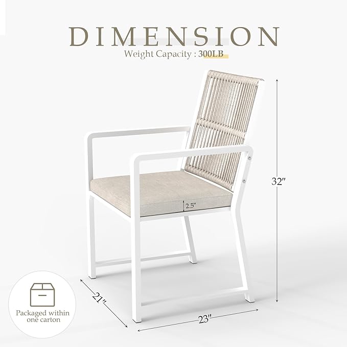 Outdoor Patio Wicker Rattan Dining Chairs, Heavy-Duty Wrought Iron Frame Supports 300lbs, Ergonomic Backrest, Detachable Breathable Cushion, for Garden & Porch, White, Set of 6
