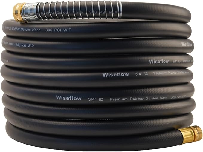 Wiseflow Garden Hose 25FT x 3/4", Heavy Duty Rubber Hose, Water Hose with Five Layered Braiding, Male Female Fittings, 1000PSI Burst, 300PSI Working for Yard, Car Wash, Pets (Black)