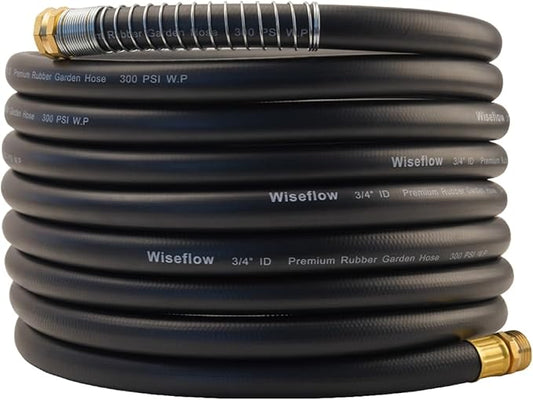 Wiseflow Garden Hose 25FT x 3/4", Heavy Duty Rubber Hose, Water Hose with Five Layered Braiding, Male Female Fittings, 1000PSI Burst, 300PSI Working for Yard, Car Wash, Pets (Black)