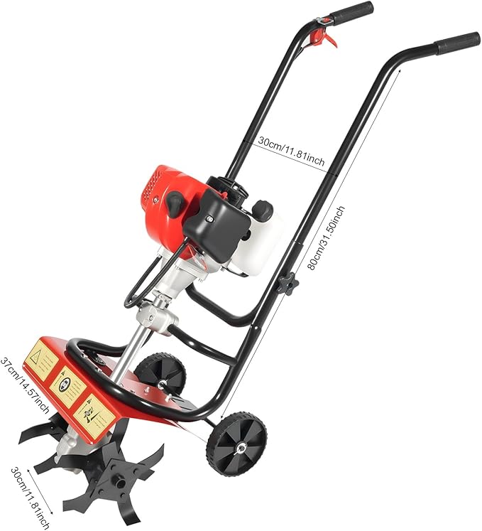52CC 2 Stroke Tiller Cultivator, 1900W Garden Mini Tiller Rototiller Gas Powered Rotary Cultivator Hand Push Single-Cylinder Rototiller Garden Tool w/0.2GAL Fuel Tank for Soil Weeding (Hand Push)