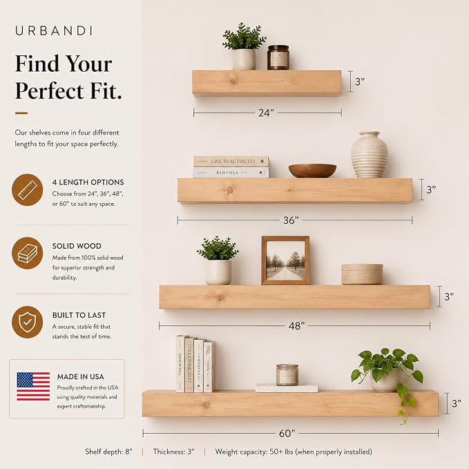 Urbandi Modern Floating Shelves 3 Inches Thick for Wall, Wide Shelves for Kitchen, Living Room, Bedroom, and Bathroom, Natural Pine Wood, Rustic Wooden Shelf, (Set of 2) (Aged Oak, 24Lx3Hx8D)