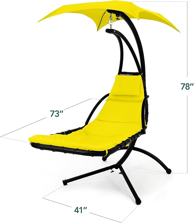 Best Choice Products Hanging LED-Lit Curved Chaise Lounge Chair Swing for Backyard, Patio, Lawn w/ 3 Light Settings, Weather-Resistant Pillow, Removable Canopy Shade, Steel Stand - Yellow
