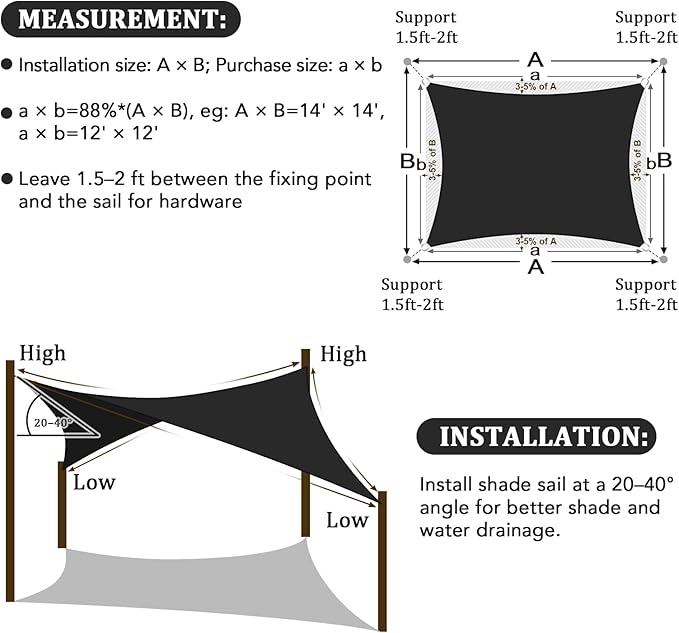 Shade&Beyond Custom 11'x19' Sun Shade Sail Canopy Rectangle UV Block Breathable Curved Sunshade for Backyard Yard Deck Outdoor Facility and Activities, Black (We Make Custom Size)