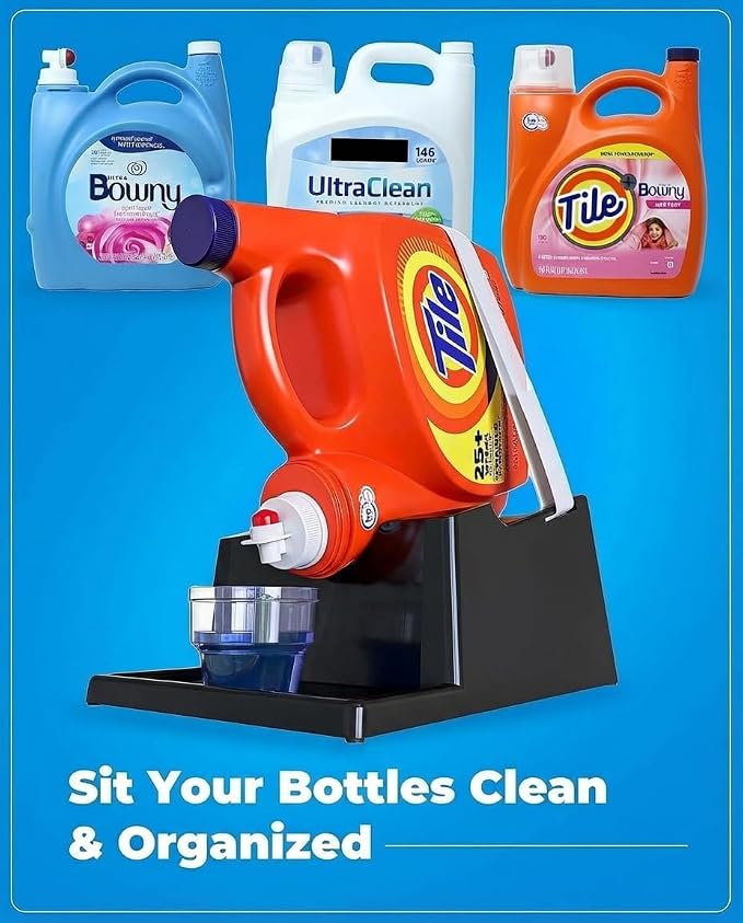 Liquid Laundry Detergent Holder Stand with Drip Tray - 1 Pack - Black | Easy Pouring, Rubber Feet, Secure Strap, Angled Stand, Fabric Softener Dispenser for Laundry Room Organization & Storage
