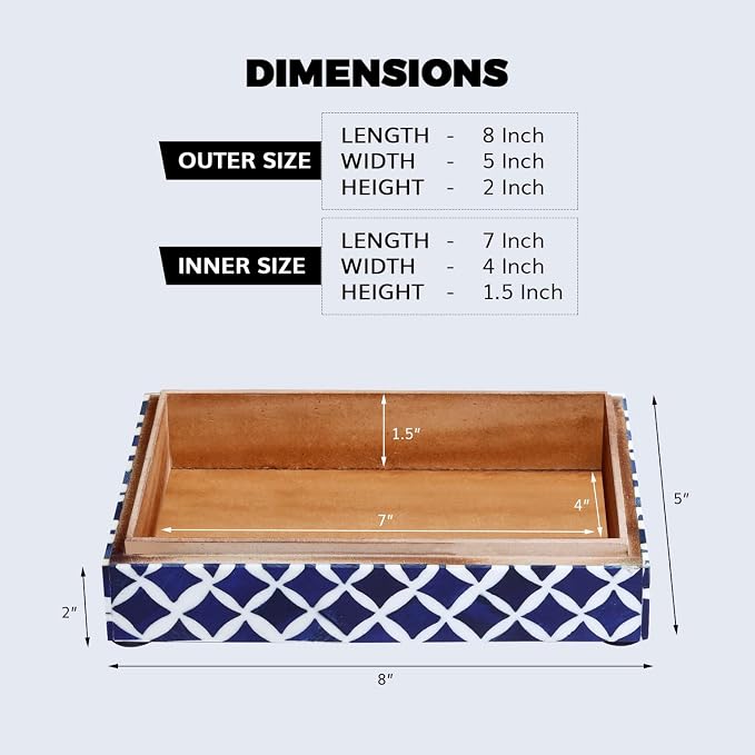 Handicrafts Home Small Decorative Storage Box with Lid, Moroccan Jewelry Keepsake Trinket Box Organizer, Wooden Coffee Table Dresser Storage Box, Blue & White, 8 x 5 x 2 Inch, Moroccan Collection