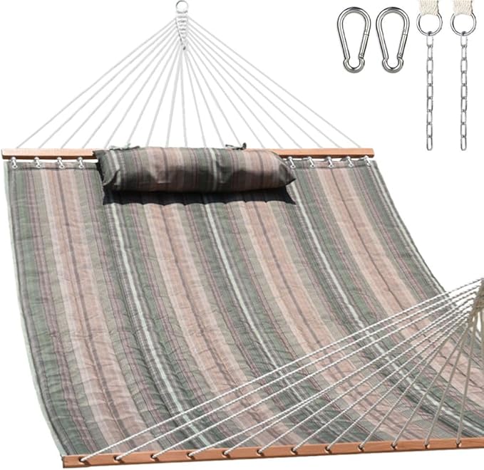 Lazy Daze 12 FT Quilted Fabric Double Hammock with Spreader Bars and Detachable Pillow, 2 Person Hammock for Outdoor Patio Backyard Poolside, 450 LBS Weight Capacity, Mixed Green & Brown Stripe