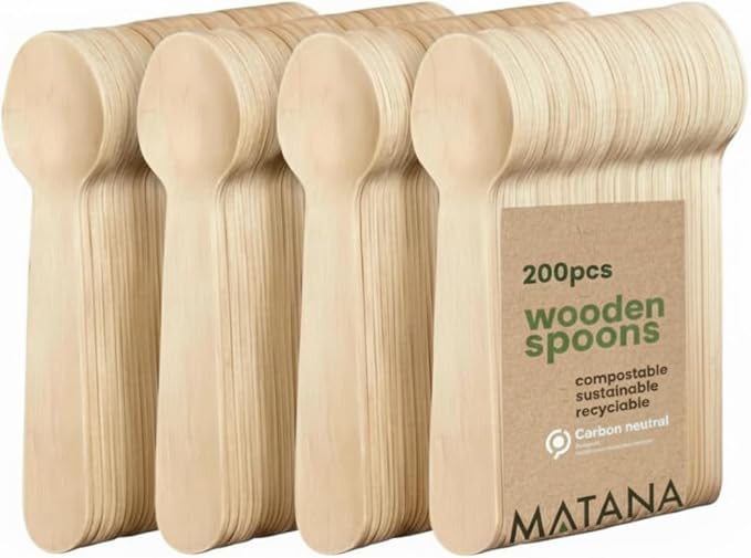 MATANA - 100% Natural Disposable Bamboo Wooden Spoons 6.3" Inch (200 Pack) - Compostable Cutlery, Biodegradable Utensils for Garden Parties & Summer Events