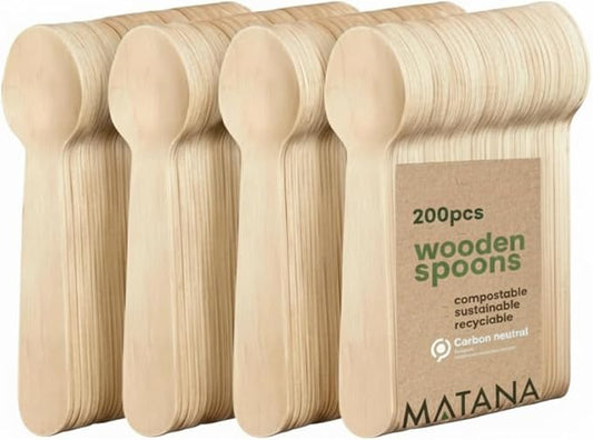 MATANA - 100% Natural Disposable Bamboo Wooden Spoons 6.3" Inch (200 Pack) - Compostable Cutlery, Biodegradable Utensils for Garden Parties & Summer Events