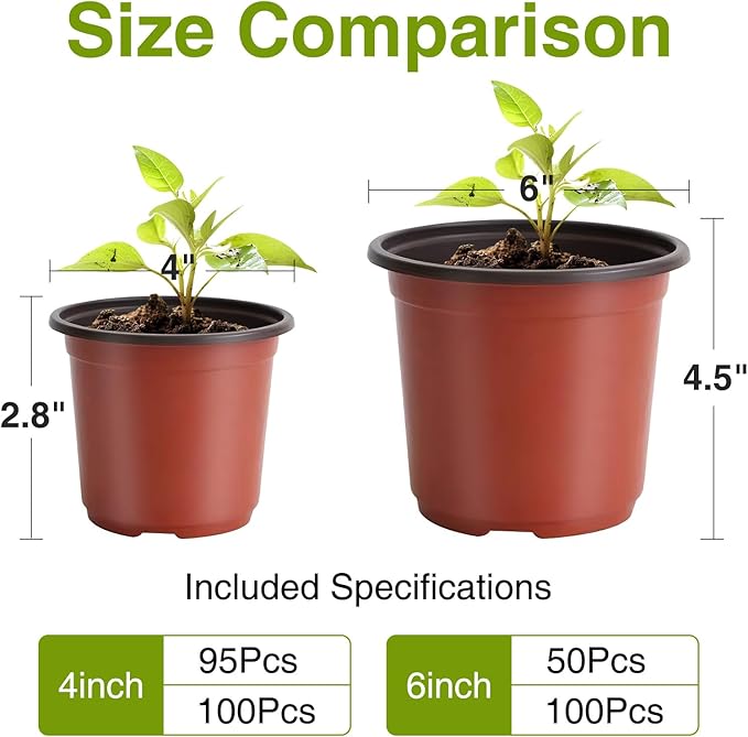 Delxo 50Pcs 6" Reusable Plastic Nursery Pots, Waterproof Planter Pots with Drain Holes, Indoor Seedling Starter Pots for Plants, Gardening, Red