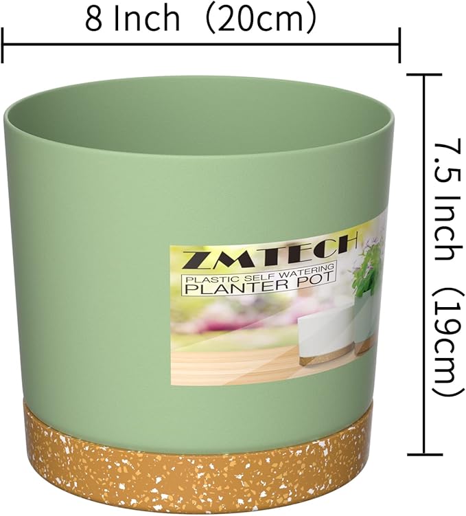 ZMTECH Spring Planters for Indoor Plants, Plant Pots & Flower Pots, Plastic Planter 3 Pack 8 Inch Self Watering with Drainage Hole and Saucer, Modern Decorative Indoor Outdoor, Green