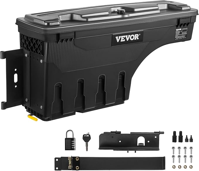 VEVOR Truck Bed Storage Box, Lockable Lid, Waterproof ABS Wheel Well Tool Box 6.6 Gal/20 L with Password Padlock, Compatible with Tundra 2007-2021, Driver Side, Black
