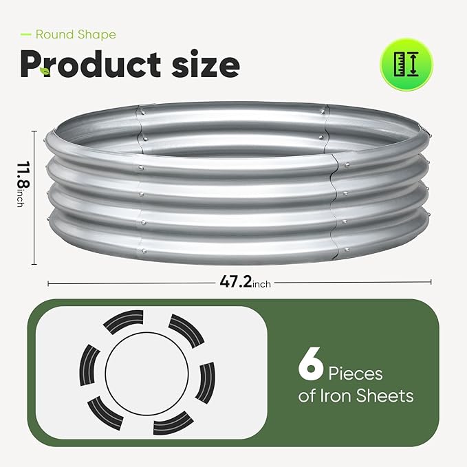 KING BIRD Raised Garden Bed Galvanized Round Planter Box Outdoor for Gardening, Plants, Vegetables, Flowers, Silver, 47.3x47.3x11.8 in