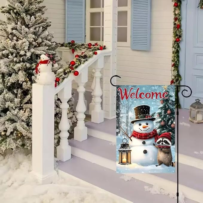 Welcome Winter Garden Flag 12x18 Double Sided, Small Burlap Seasonal Snowman Raccoon Bear Garden Flag Winter Christmas Outdoor Yard Decorations Porch Lawn Flags for Outside