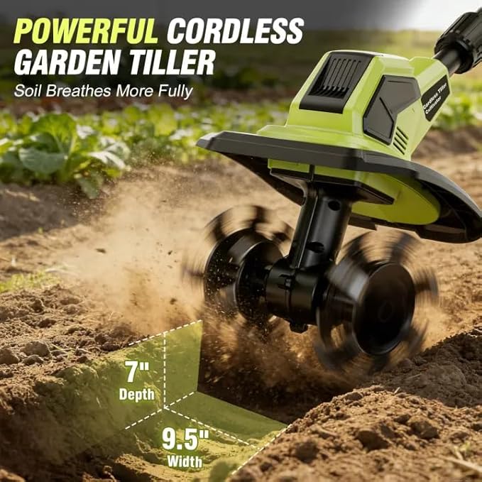 Cordless Tiller Cultivator, 21V Lightweight Tiller for Gardening with 2 * Batteries, Brushless Electric Tiller with 48 Steel Tines, 400RPM, 9.5" Tilling Width, 7" Depth for Gardening、Soil Turning