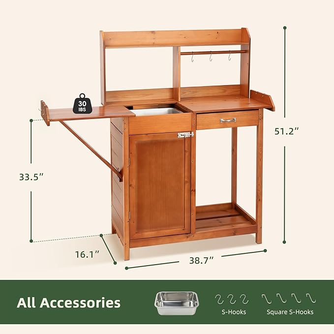 OOOK Potting Bench, Nordic Scots Pine Potting Table with Sink and Storage Shelves, Garden Bench, Workstation for Outside Patio Lawn, Wooden Garden Work Station
