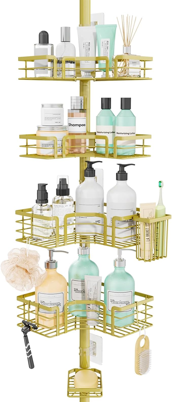 SWTYMIKI Shower Caddy Tension Pole - 4-Tier Corner Shower Organizer Tension Rod with Soap Holder, Toothbrush Holder & 4 Hooks, Adjustable Stainless Steel Shower Shelves 27.6 to 108.3 inch, Gold