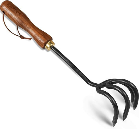 ROYTOA Hand Cultivator Rake, Ergonomic Small Garden Rake with Walnut Handle & 4 Durable Tines, Garden Tools for Weeding, Digging and Cultivating