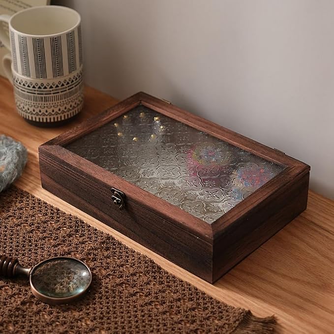 Keepsake Box - Vintage Wooden Decorative Box with Glass Lid for Jewelry, Trinket, Photo & Memory Storage (Large)