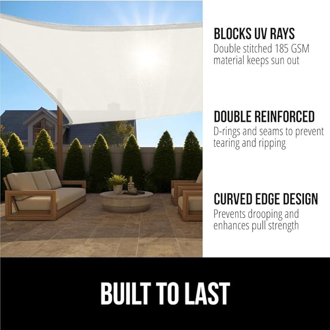GORILLA GRIP Heavy Duty Sun Shade, UV Protection Fade Tear and Rust Resistant Rectangle Sunshade Canopy, Curved Edges Blocks Sunlight, Breathable Sail, Outdoor Patio, Lawn Garden 10x10 FT Butter Ivory