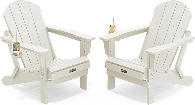 SERWALL Folding Adirondack Chair Set of 2, All Weather Patio Chair with with Cup Holder, Wood Texture, Fire Pit Chairs for Outdoor - White
