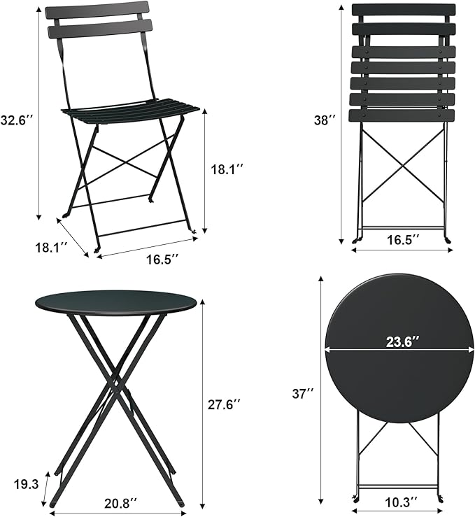 GarveeHome 3-Piece Foldable Bistro Set, Outdoor Patio Furniture with 2 Folding Chairs & 1 Table, Weather-Resistant Indoor/Outdoor Conversation Set for Patio, Black