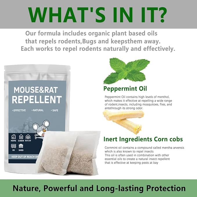 Mouse & Rat Repellent Pouches, Long Lasting Peppermint Oil Mice Deterrent for Indoor House, Attic, Basement & Closet, Pest Control for Outdoor Shed, Garage, RV Engine, Camper & Car Storage, 10 Pack