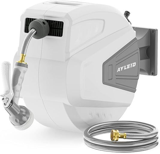 Ayleid Retractable Garden Hose Reel,1/2 in x 65 ft Wall Mounted Hose Reel, with 9- Function Sprayer Nozzle, Any Length Lock/Slow Return System/Wall Mounted/180°Swivel Bracket (Gray)
