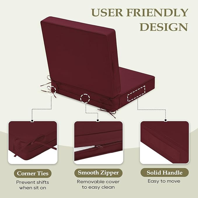 Wellsin Outdoor Deep Seat Patio Cushions, 22 x 22 Waterproof & 3-Year Fade Resistant Outdoor Cushions with Removable Covers,Ties and Handle for Chair, Sofa, Couch, Burgundy