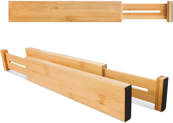 VaeFae 60-Pack Adjustable Bamboo Drawer Dividers, Expandable Drawer Organizer for Kitchen Utensils, Clothes, Bathroom, Office – Fits Drawer Interiors 16.6" to 21.8"