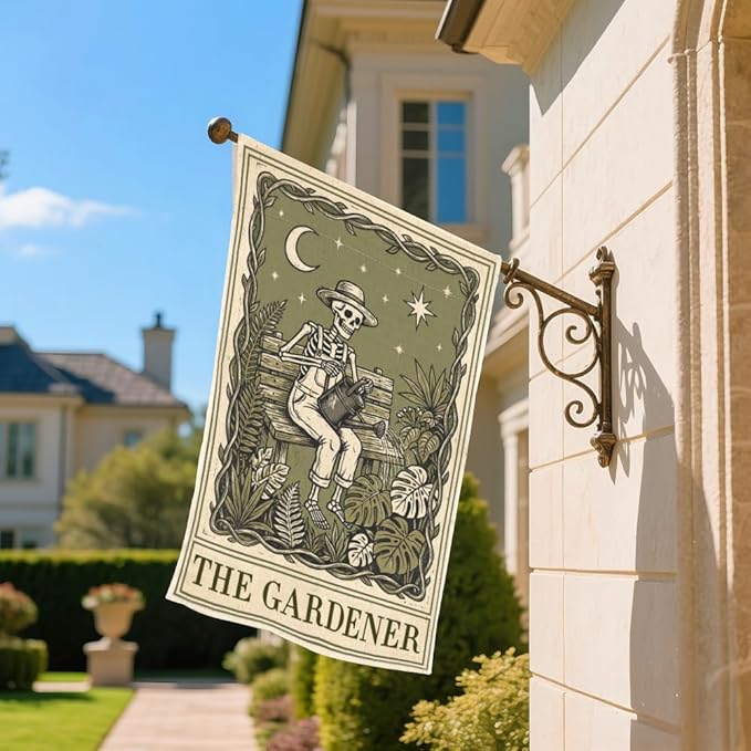 The Gardener Garden Flags for Outside, Gothic Garden Flag for Plant Lover, Spooky Yard Banner for Gardener, Funny Skeleton Planting Lawn Yard Sign Decor, Halloween Gifts for Family Friends