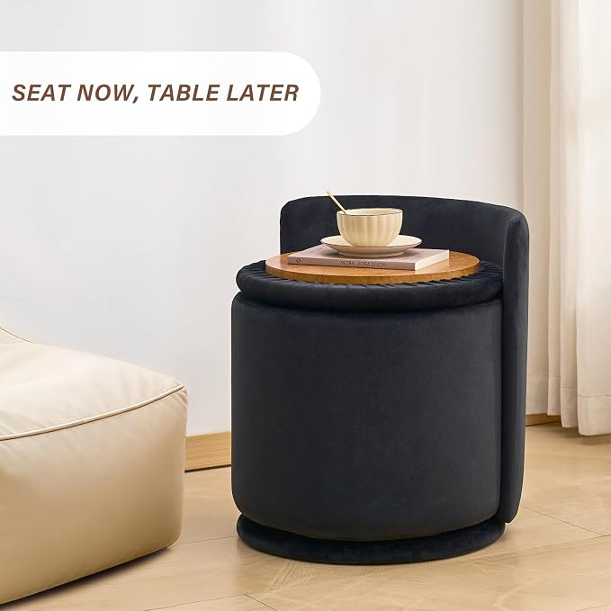 360° Swivel Makeup Chair with Storage, Upholstered Accent Stool with Back, Round Vanity Stool Ottoman for Living Room, Makeup Room, Bedroom (Black)