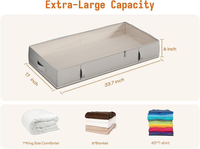 Side-Supported Under Bed Storage Containers, 6 Inch 60L Clothes Storage Bin | Underbed Storage Bin with Sturdy Handles and Sidewalls, Closet Organizer for Clothes, Blankets, Seasonal Items, Gray, 2 Pack