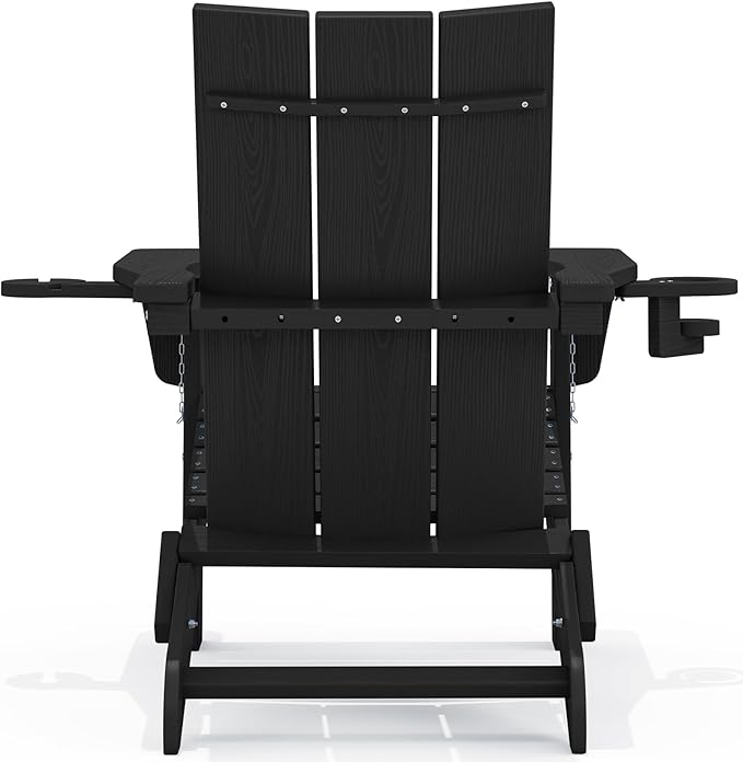SERWALL Adirondack Chair with Dual Cup Holders, Folding Modern Adirondack Chair, HDPE Outdoor Fire Pit Chair for All Weather Using, Black