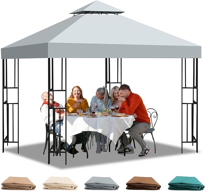 10x10 Gazebo Replacement Canopy, Double Tiered Canopy Cover Top with Ventilation, Heavy Duty 300D Polyester Waterproof Outdoor Gazebo Roof for Patio Garden Yard (Grey, Flat Edge)