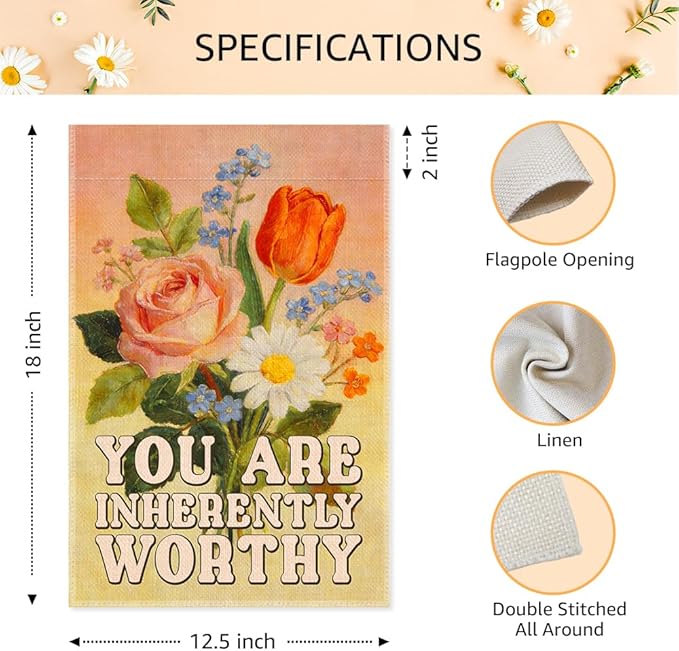 You Are Inherently Worthy Garden Flags for Outside, Positive Spring Garden Flag, Floral Welcome Garden Flag, Self-Worth Affirmations Yard Flag, Inspirational Quote Yard Décor for Family