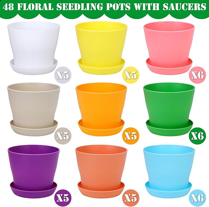 Hahood 48 Pack Plastic Planters 4 Inch Flower Plant Pots Indoor Set Thickened Seedling Nursery Pots Seed Starting Pots with Drainage Holes Saucers, Mini Garden Tools for Home Office Garden, Multicolor