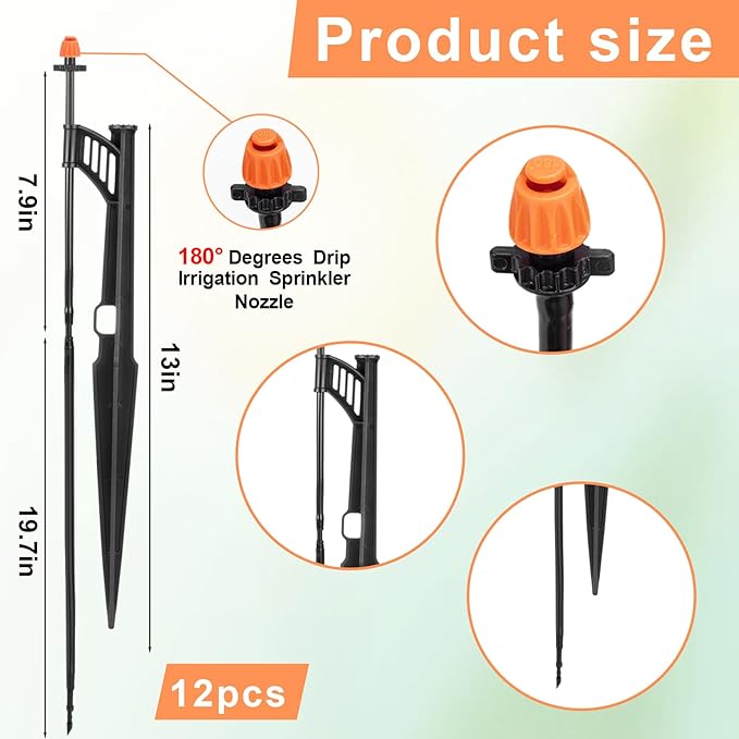 12 Sets 180° Drip Micro Spray Emitters with Sprinkler Stake, Drip Sprinkler Heads with Adjustable Riser 1/4" Irrigation Tubing and Barbed Coupler,Micro Sprinkler Assembly for Garden Irrigation System