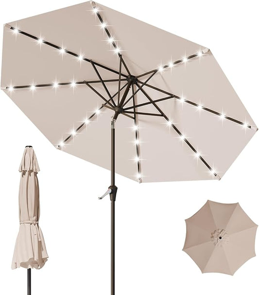 9FT Patio Umbrella with Solar Lights,Outdoor Market Umbrella with Tilt and Crank, LED Lighted Table Umbrella for Garden,Deck,Backyard,Pool,Beach