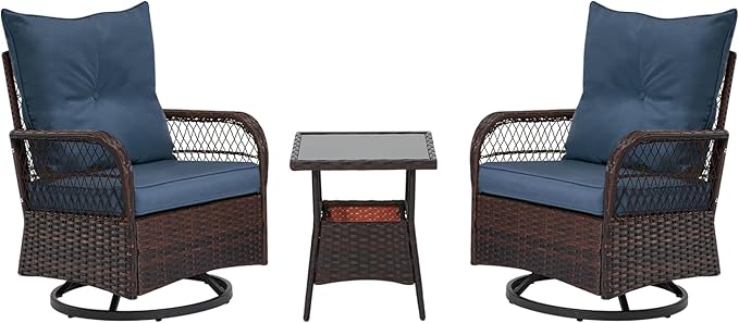 MELLCOM 3 Piece Patio Set, Outdoor Swivel Rocker Patio Chairs with Thick Cushions and Glass Table for Balcony Front Porch Poolside Garden Deck, Blue
