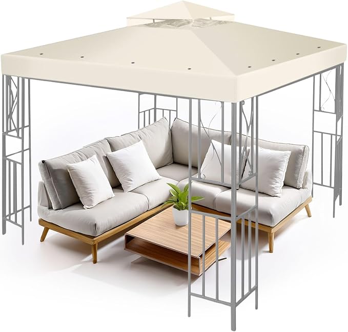 Flexzion Gazebo Cover Replacement Canopy Top 8x8 Ft (2.4m x 2.4m) - Double Tier Top Canopy Cover Replacement with UV30+, Dirt, Water Resistant for Outdoor, Sunshade, Garden, Patio, Pavilion (Ivory)