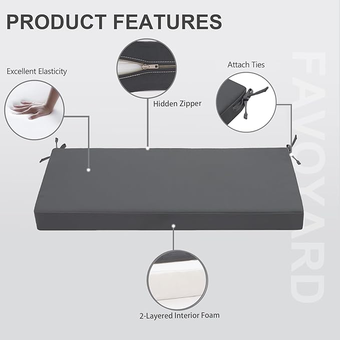 Favoyard Outdoor Bench Cushion 45 x 18 Inch Waterproof Patio Furniture Cushions 3-Year Color Fastness Garden Sofa Settee Couch Swing Pads with Handle and Attach Ties, Dark Gray