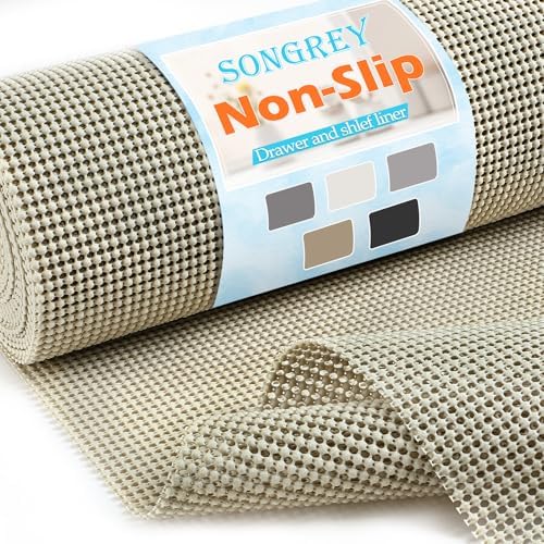 Songrey Non-Slip Shelf Cabinet and Drawer Liner, 20IN x 20FT, Beige | No Adhesive Residue, Strong Grip, Thick PVC Mat, for Kitchen Shelves, Bathroom Drawers, Home Essentials, Snip to Fit