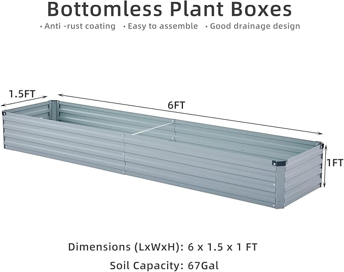 Meberam 2 Pack 6x1.5x1FT Galvanized Raised Garden Bed Kit, Outdoor Metal Planter Box for Vegetables, Bottomless Rectangular Gardening Bed with Support Rods, Tool-Free Assembly, Gray